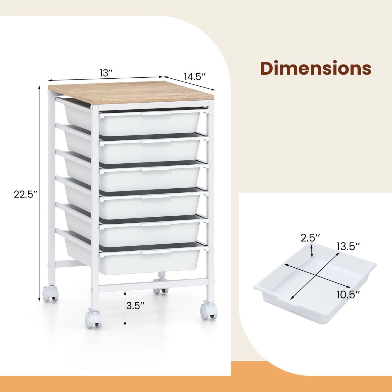 SlickBlue 6 Drawer Rolling Storage Cart with Wooden Top Organizer