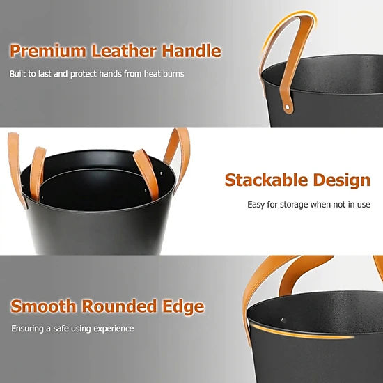 SUGIFT Set of 2 Powder Coated Wood Handles 11.5 Gal 5.8 Gal Metal Fireplace Ash Buckets 17.5-in x 17.5-in x 14-in Black