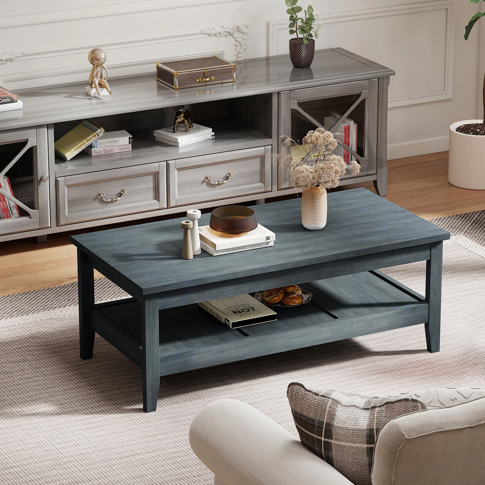 Glintex Farmhouse 47-Inch Coffee Table with Thickened Top and Lower Shelf