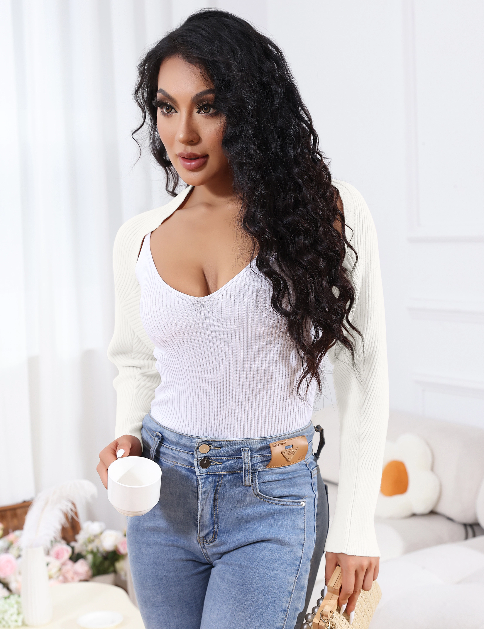 KOJOOIN Knit Bolero for Women Shoulder Shrug Open Front Sweater Loose Fit Knitted Crop Cardigan