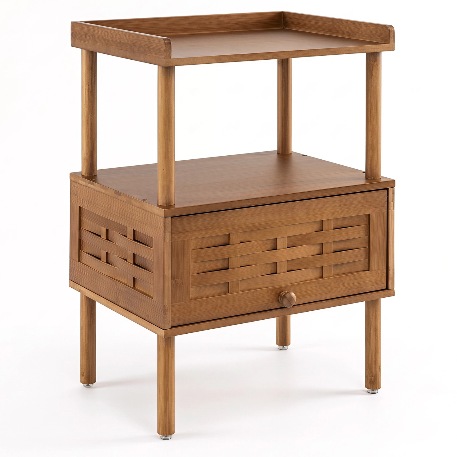SUGIFT Bamboo Rattan Nightstand with Raised Edge Flip-Up Door and Open Shelf 44-lb Countertop Capacity Walnut