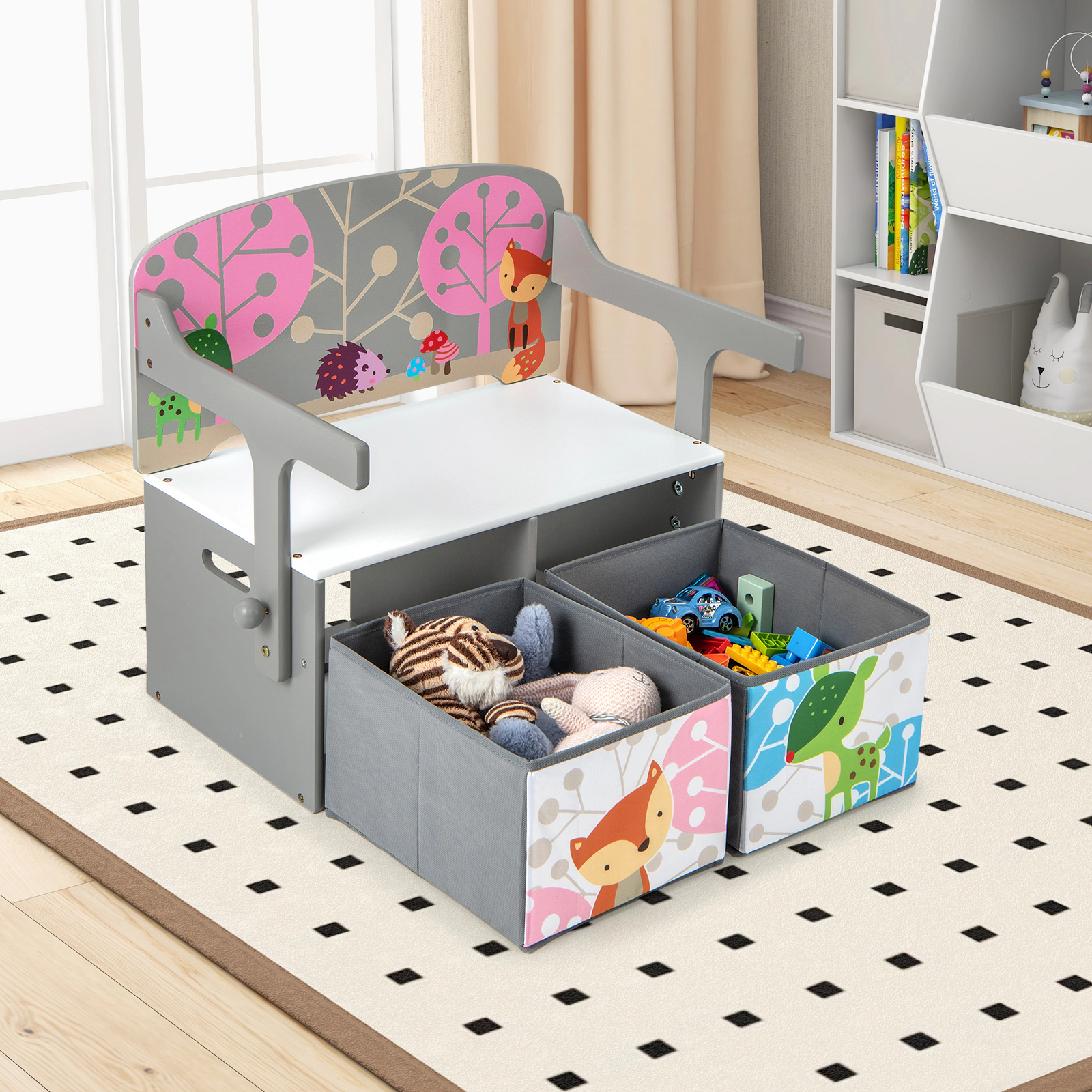 SUGIFT 3-in-1 Kids Convertible Activity Bench Table and Chair Set with Storage 132-lb Seat Capacity Gray/White