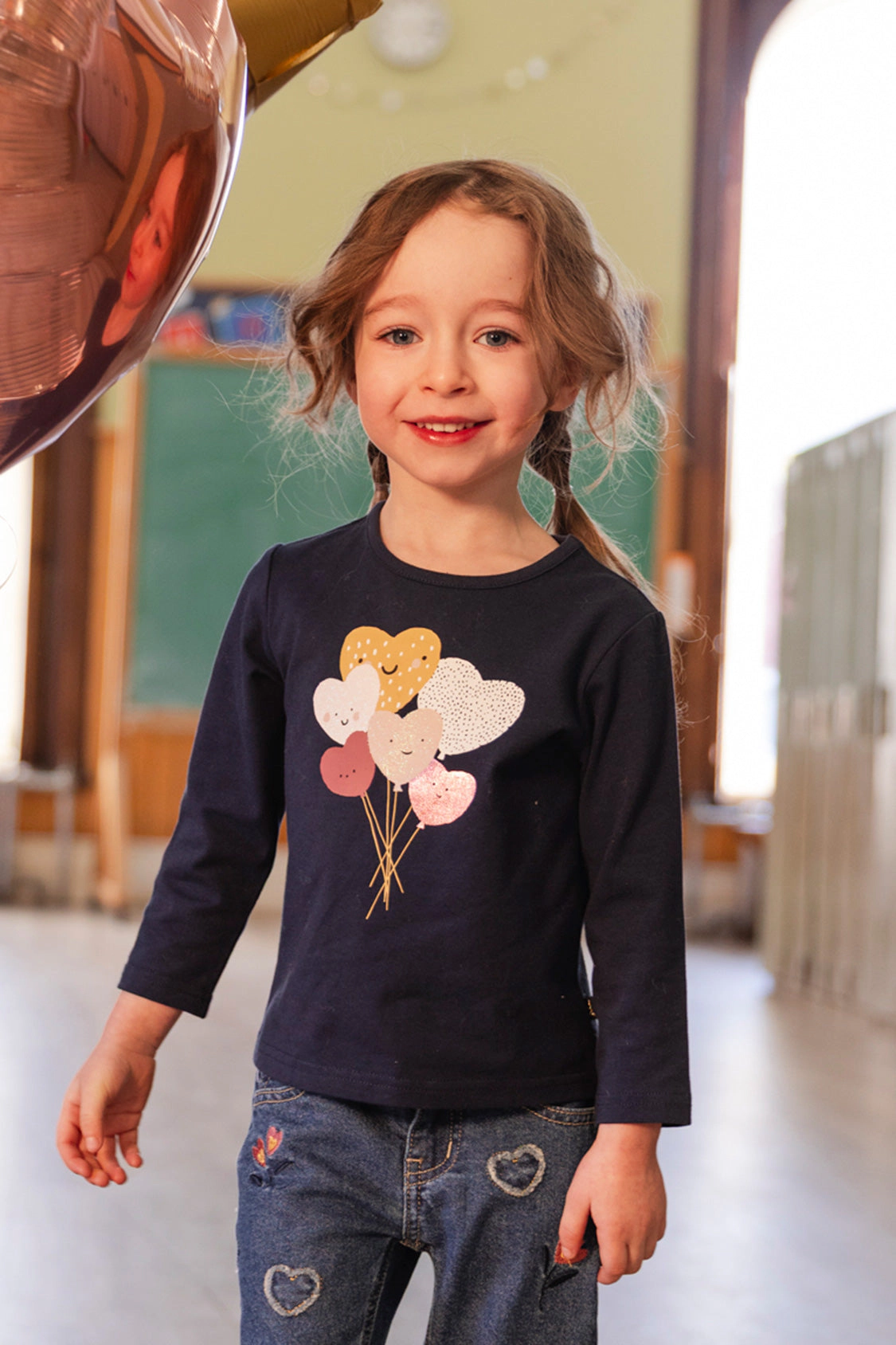 Deux par Girls Glittery Heart Balloon Organic Cotton Long Sleeve T-Shirt