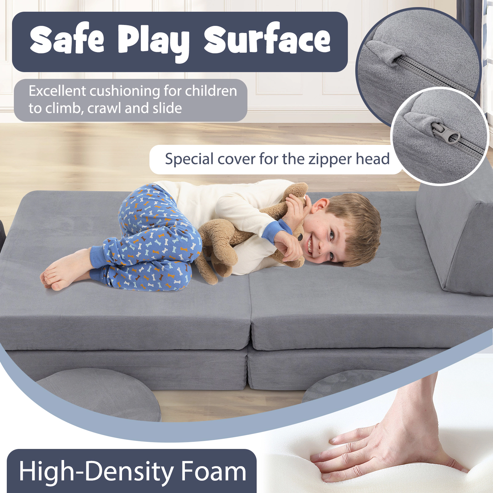 SUGIFT 6-Piece Modular Kids Foam Play Couch Chair Set with Washable Velvet Covers 50.5-in Wide Ages 3+ Gray
