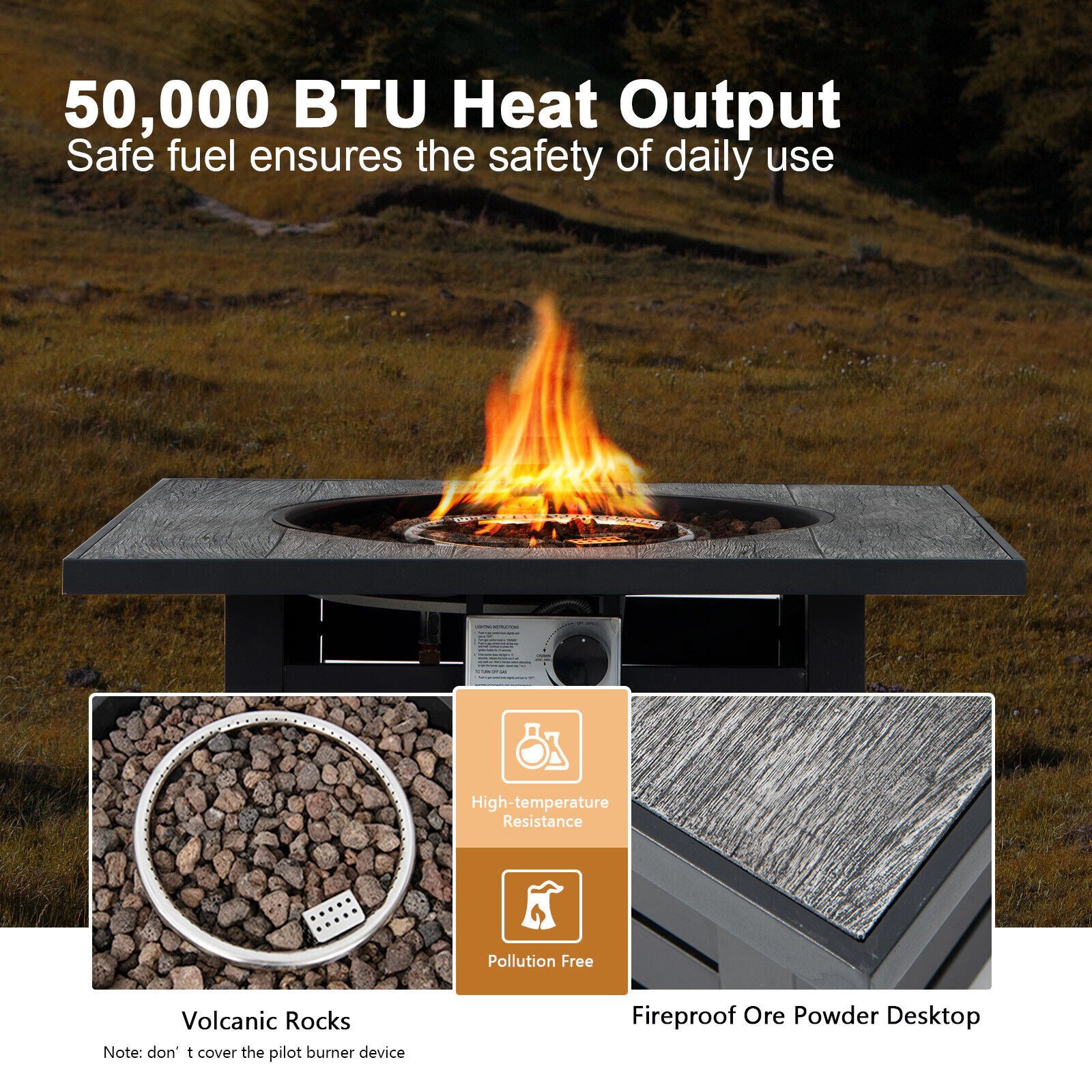 SUGIFT Square Propane Fire Pit Table 150-lb Tabletop Capacity with Lava Rocks and Rain Cover Black