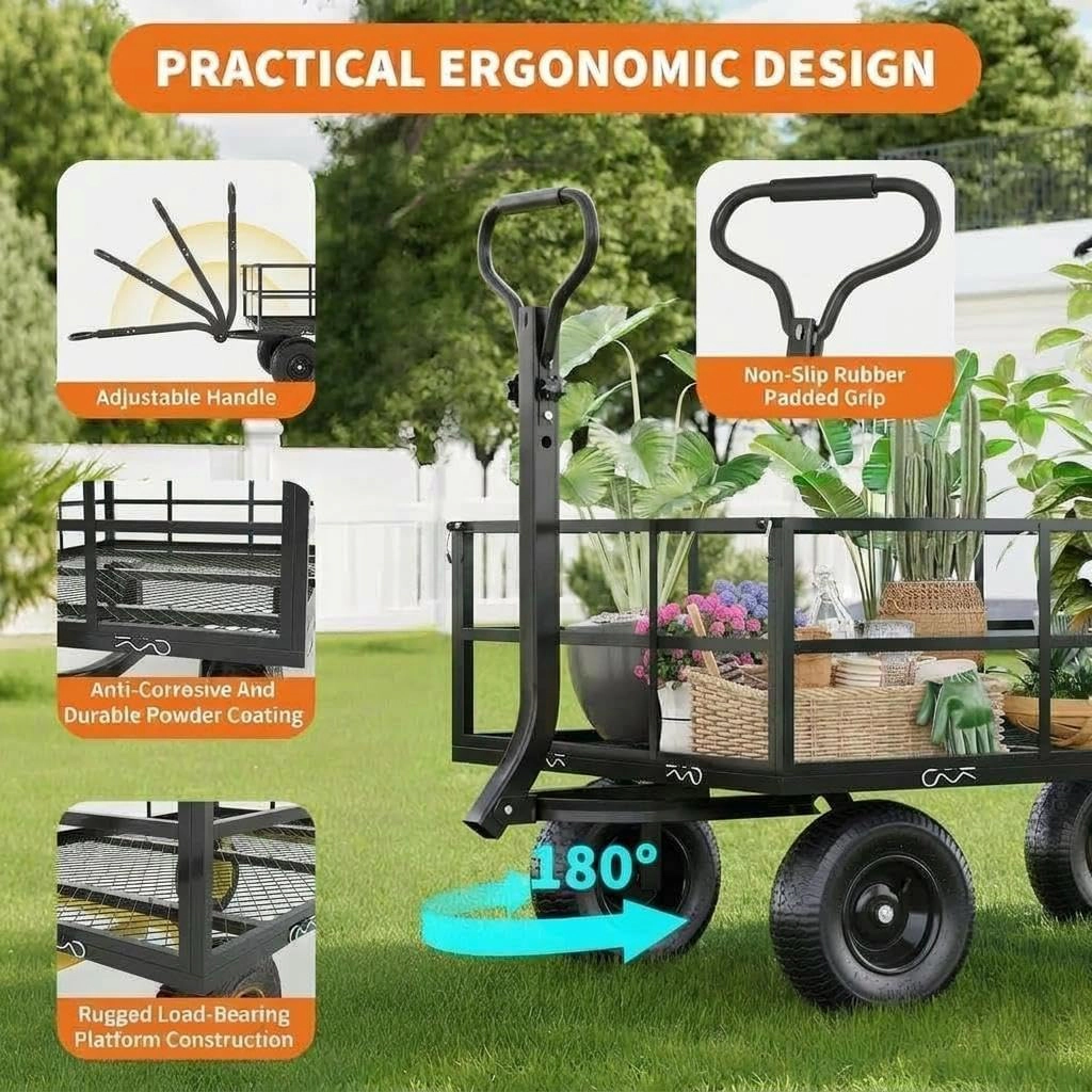 Steel Garden Cart, 1200 LBS Capacity Wagon with 10" Tire and 180° Rotating Handle, Black