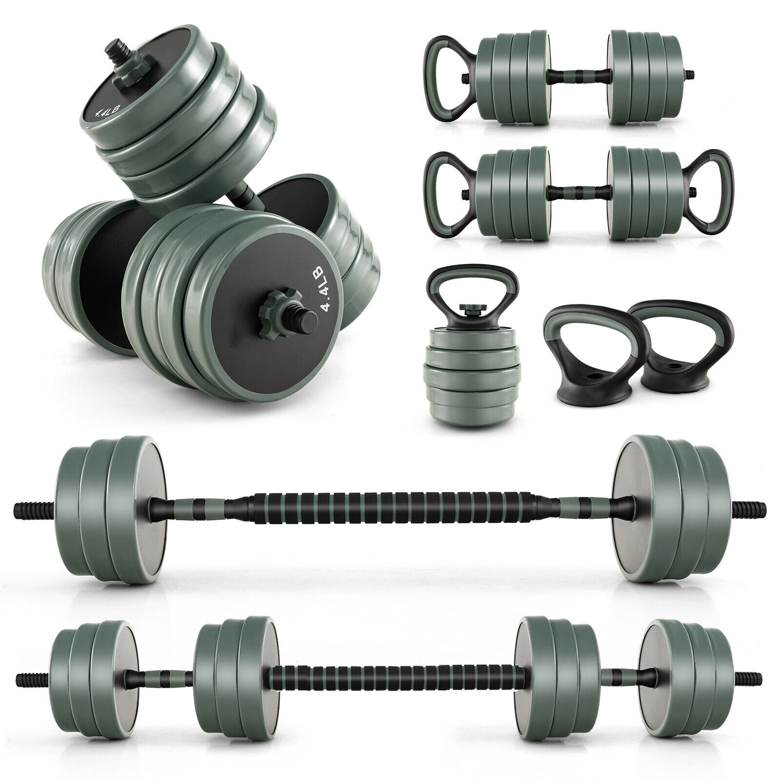 SUGIFT 4-in-1 Adjustable Dumbbell Barbell Kettlebell Free Weight Set 12 Plates 16-in Bars 47-lb Total Black + Gray