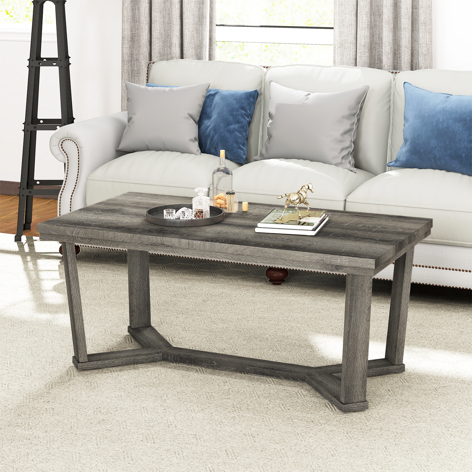 Glintex 44-Inch Rectangular Coffee Table with Cross-Shaped Rubber Wood Base, Gray