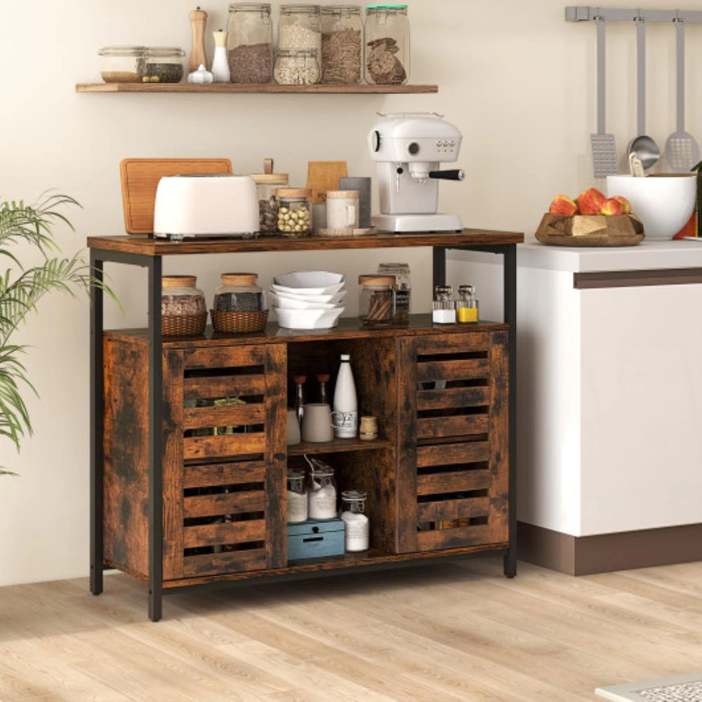 Hivvago Buffet Cabinet Storage Cabinet with Push-to-Open Slatted Door and 3 Adjustable Shelves