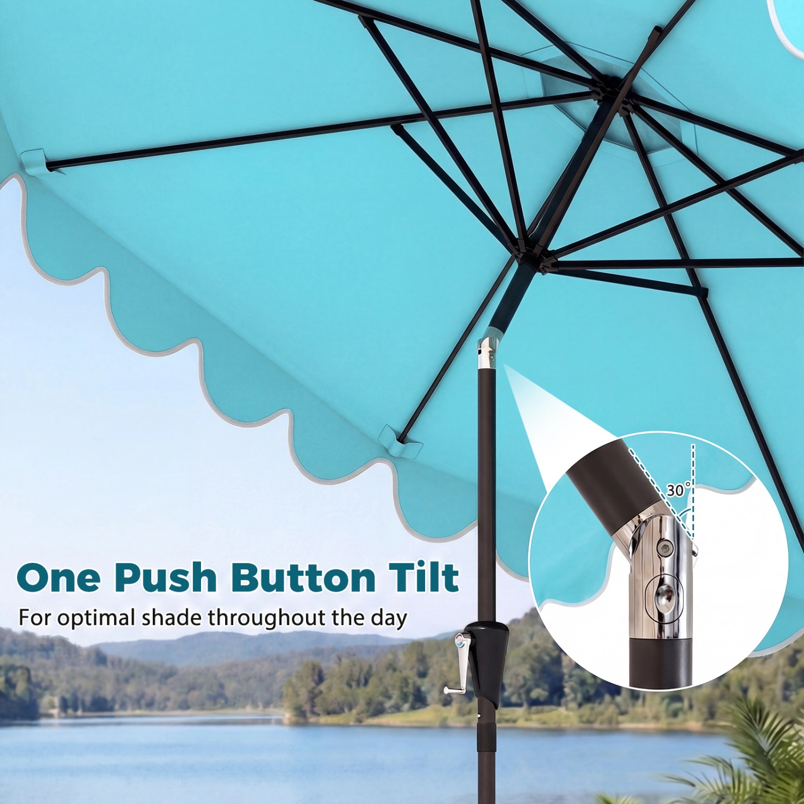 SUGIFT Double-Tier 10-ft Patio Umbrella with Ruffled Edges 10 x 8.2 in Canopy with Sandbag Base Turquoise