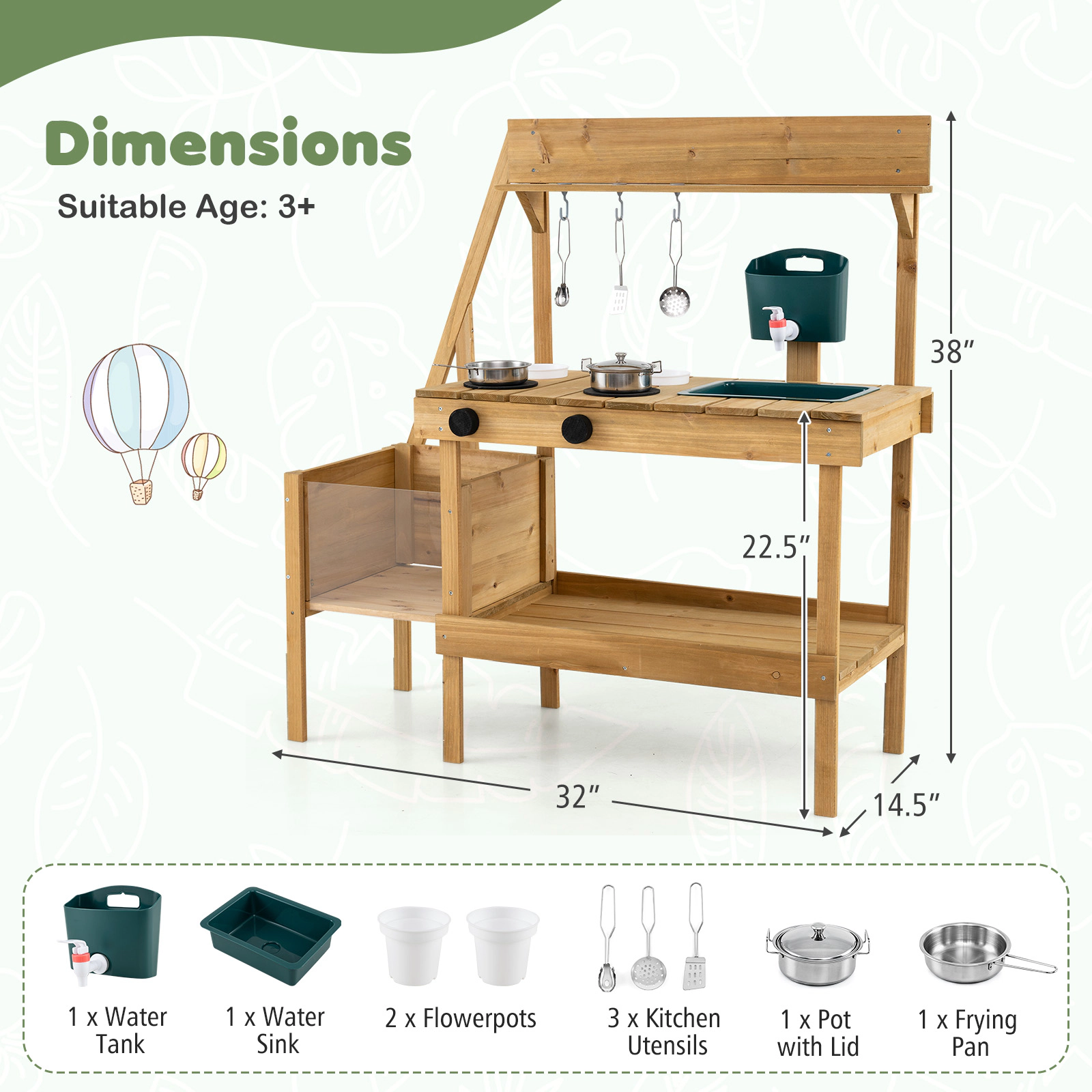 Costway Kids Mud Kitchen, Wooden Play Kitchen with Planter Box, Stoves, Water Tank, Sink Natural