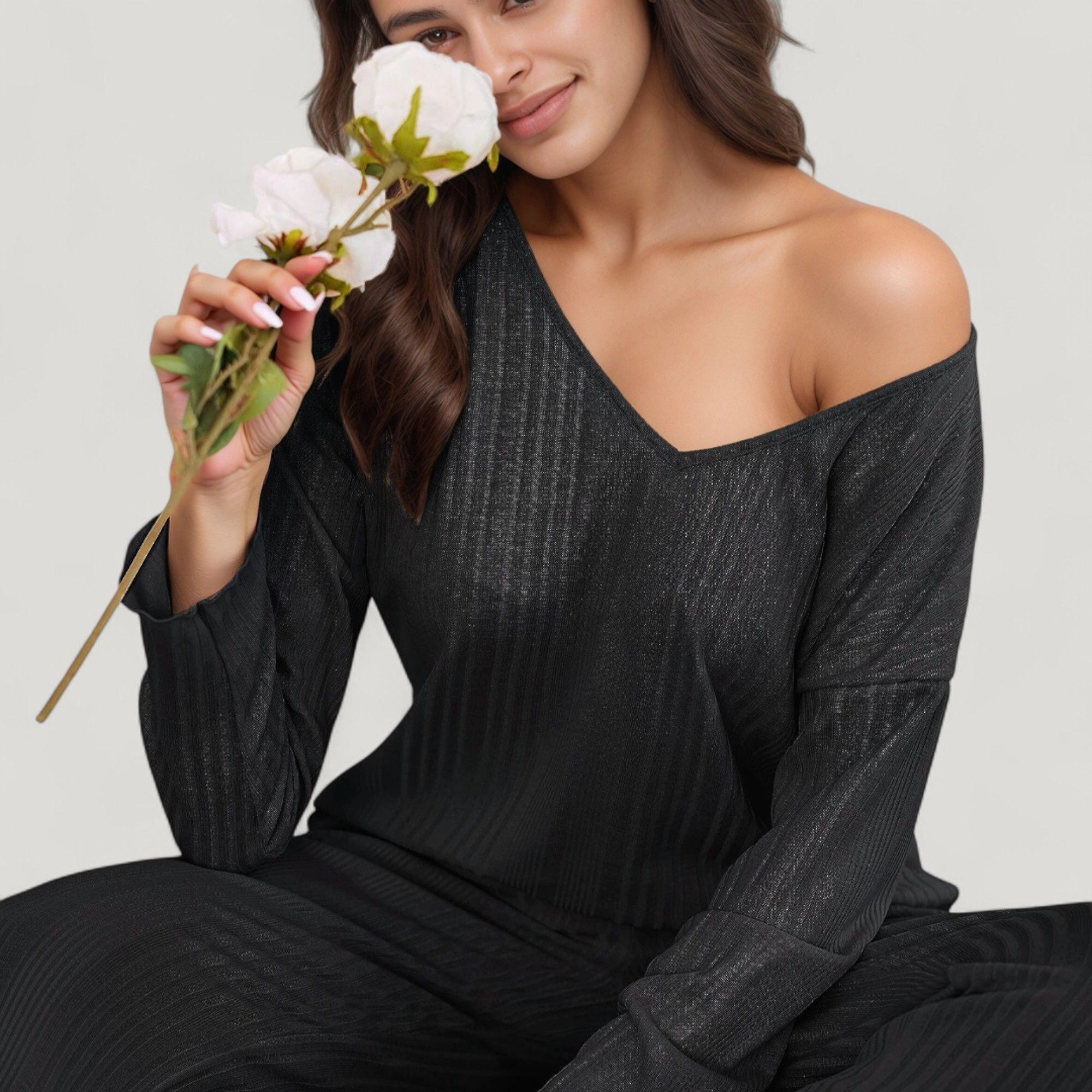 Anna-Kaci Women's Ribbed Knit Long Sleeve Crop Top and High Waist Lounge Pants 2-Piece