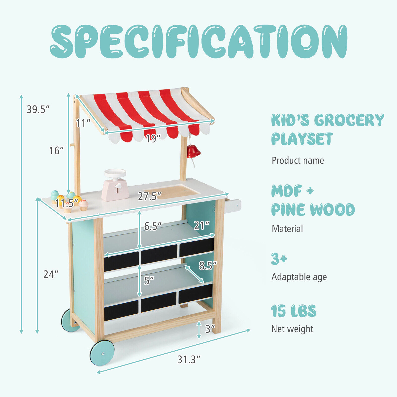 SUGIFT Red Chalkboard and Storage Shelves Kids Wooden Ice Cream Cart