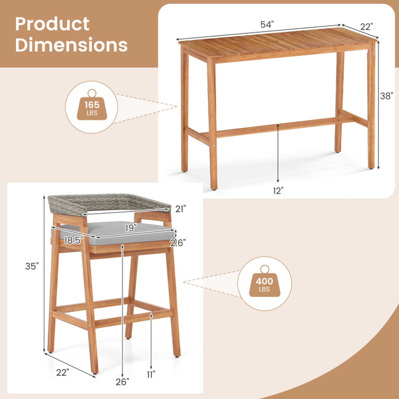 SUGIFT 5-Piece Acacia Wood PE Wicker 4 Cushioned Stools Patio Bar Set 54-in x 22-in x 38-in 165-lb Capacity Gray