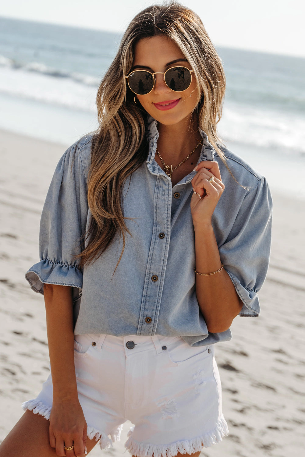 Threaded Pear Women's Aya Ruffle Short Puff Sleeve Summer Chambray Top