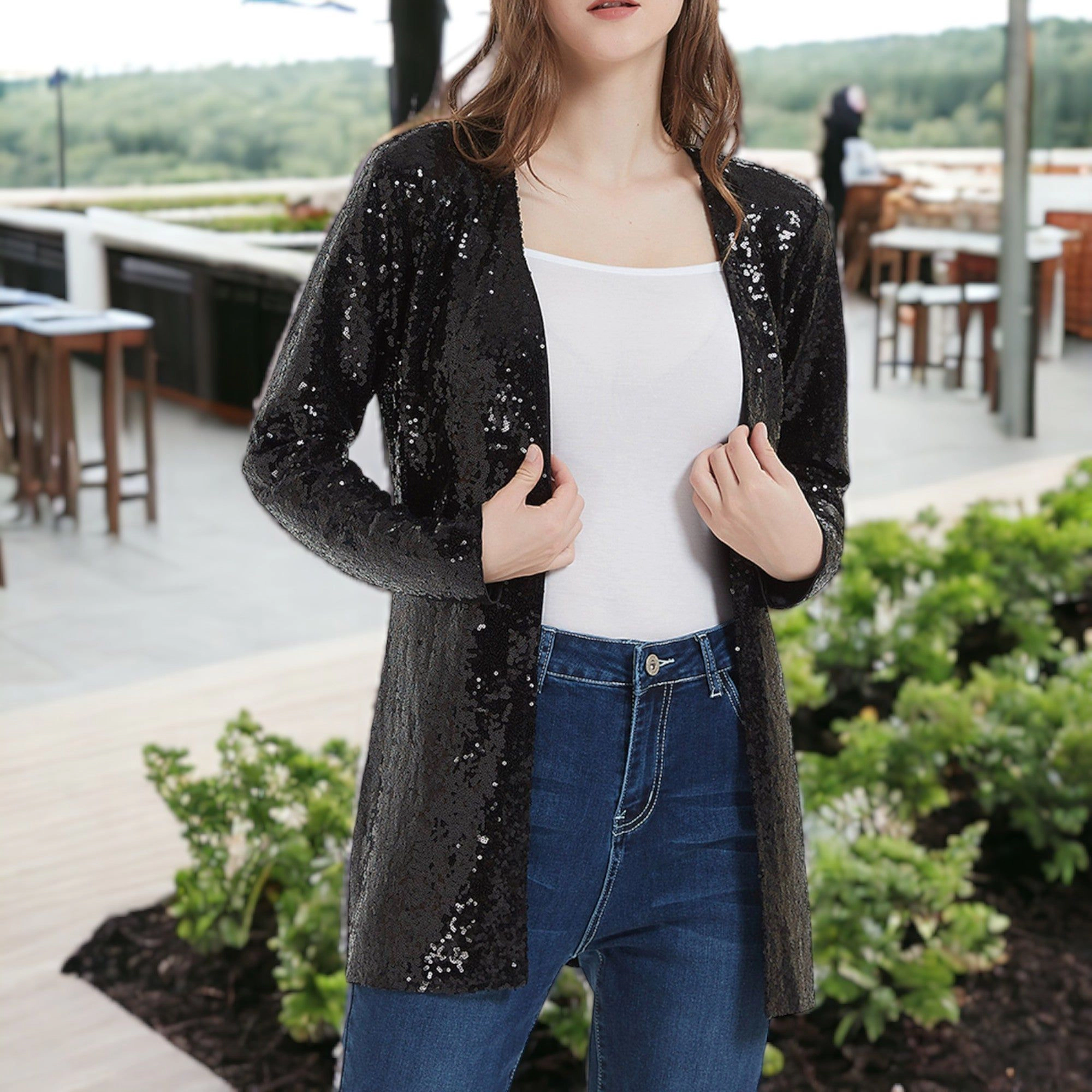 Anna-Kaci Women's Sequin Jacket Open Front Blazer
