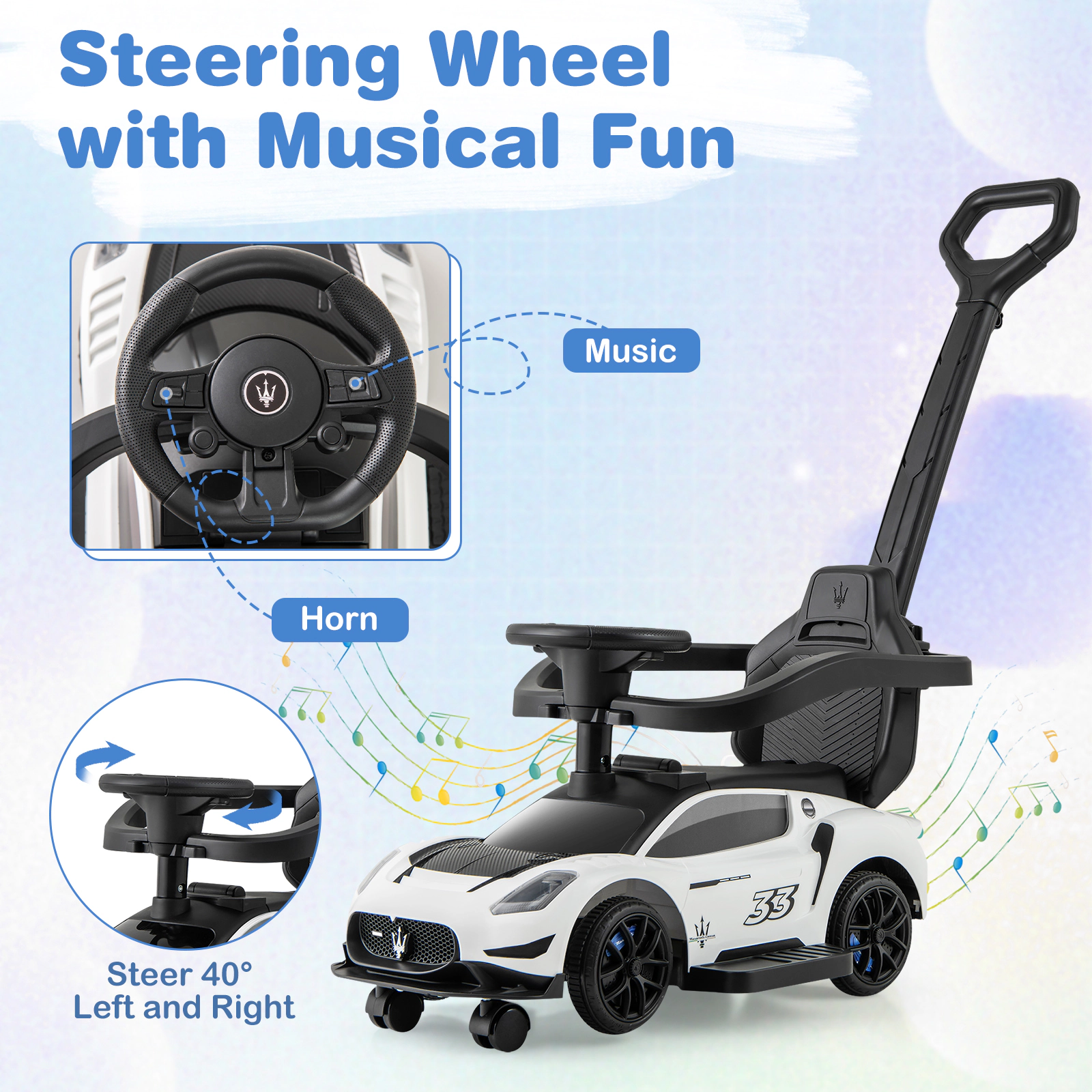 SUGIFT 3-in-1 Maserati Licensed Ride-On Push Sliding Car with Music 55-lb Capacity Ages 18-60 Months Pink/White