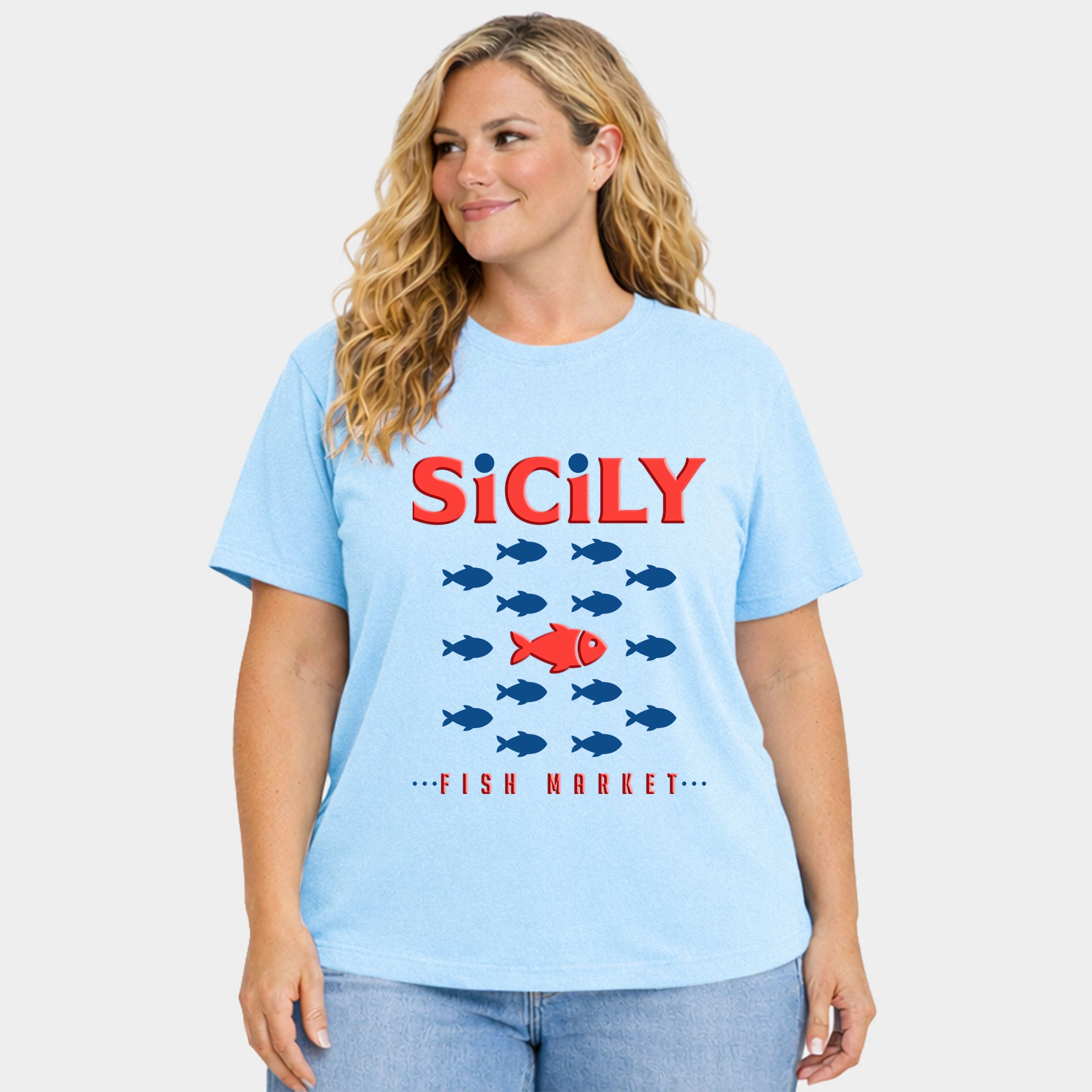 Simply Sage Market - Sicily Fish Puff Print Women's Plus Sized Garment Dyed Graphic T-Shirt