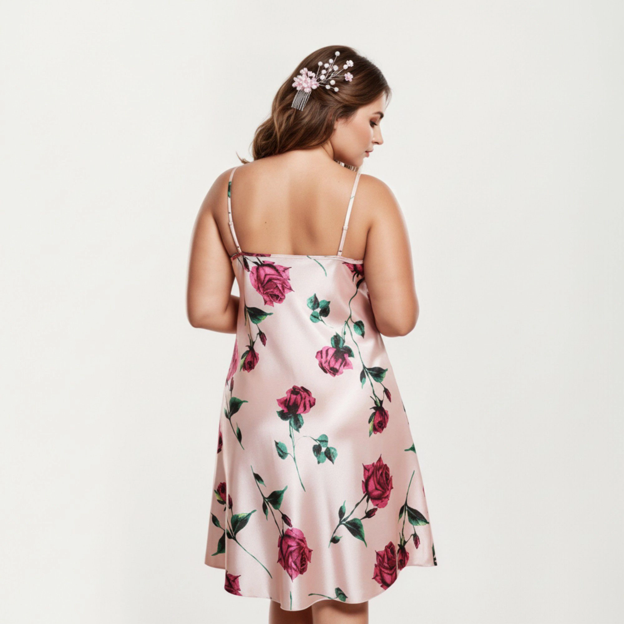 Anna-Kaci Women's Satin Slip Dress Floral Rose Pattern Draped Neckline Sheen Fabric and Soft Body-Skimming Silhouette