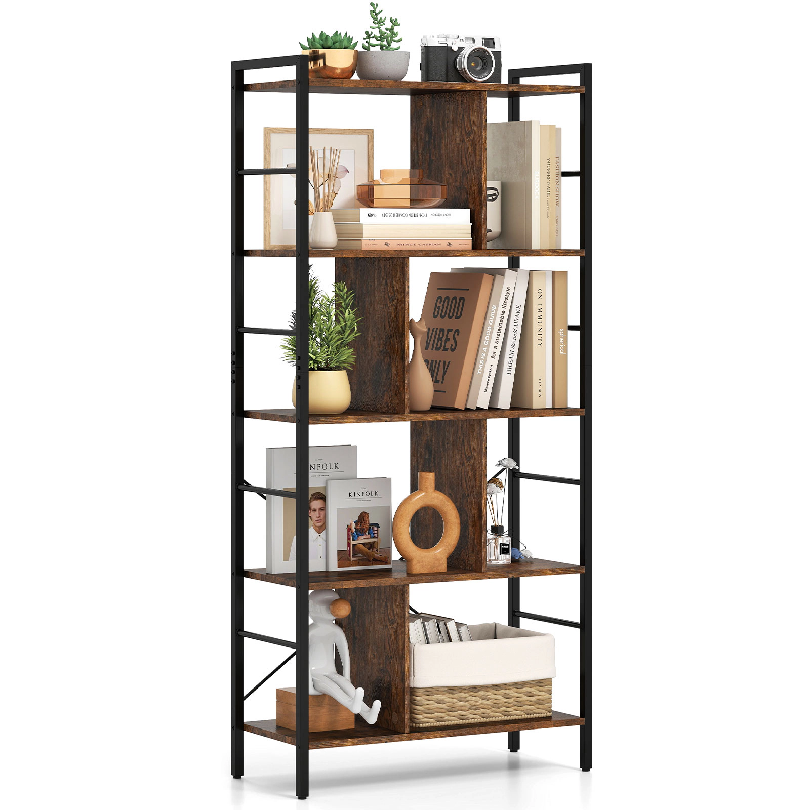 SUGIFT 5-Tier 220-lb Capacity 61-in Tall Industrial Bookshelf with Metal Frame and Side Rods for Study