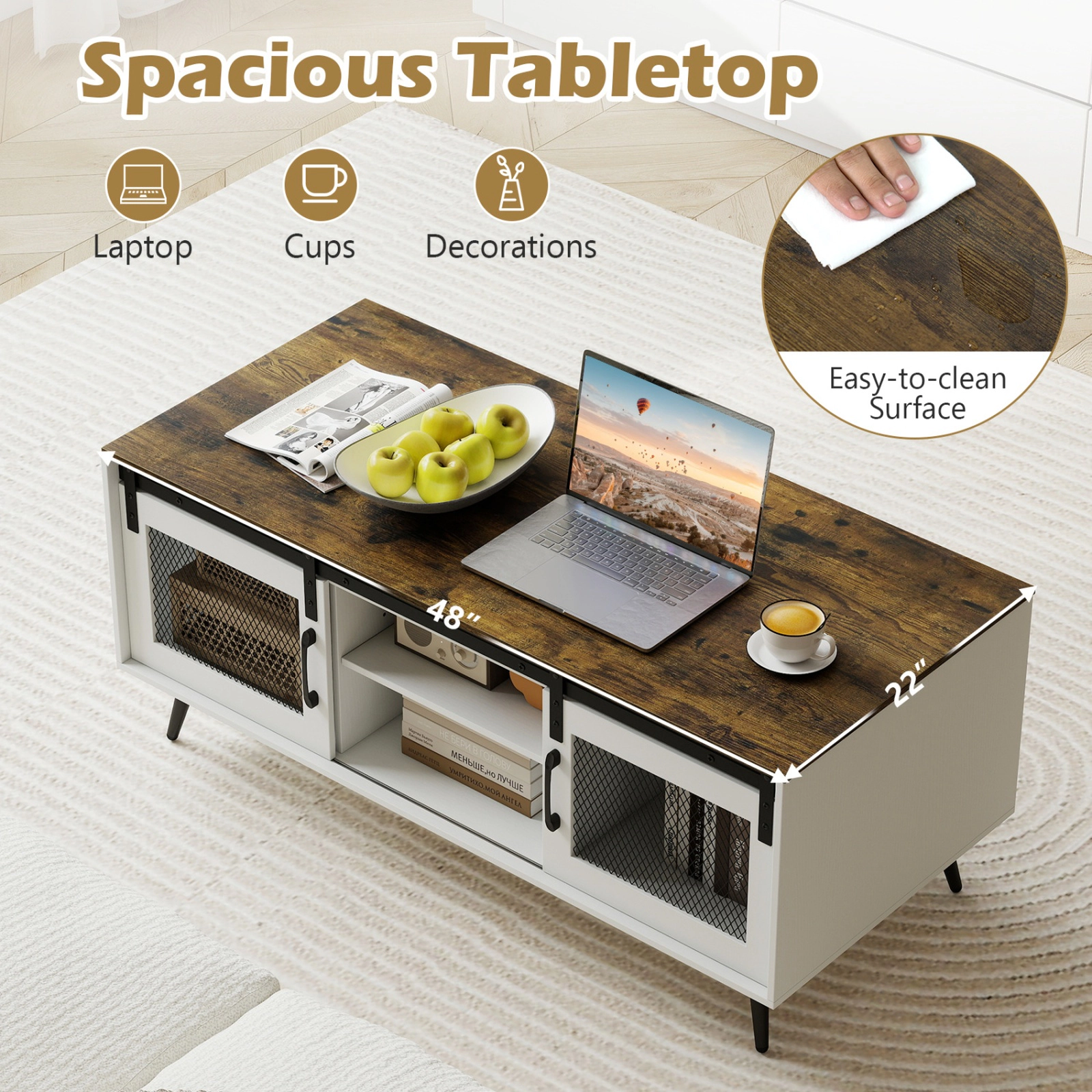 SUGIFT Sliding Barn Doors Adjustable Shelf Two-Tone Coffee Table 48-in x 22-in x 20.5-in 100-lb Capacity Rustic Brown