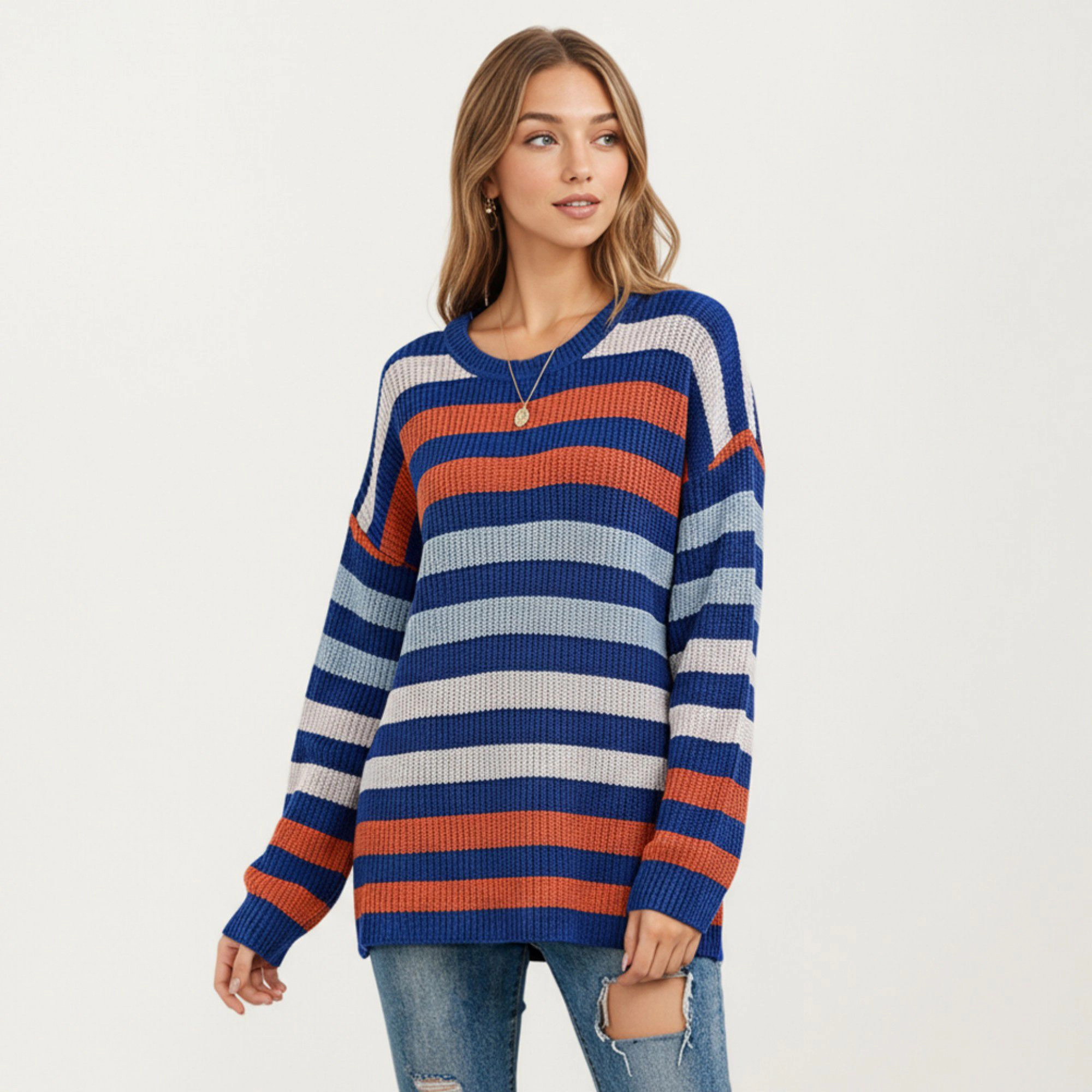 Anna-Kaci Women's Wide Striped Crew Neck Relaxed Fit Long Sleeve Knit Sweater