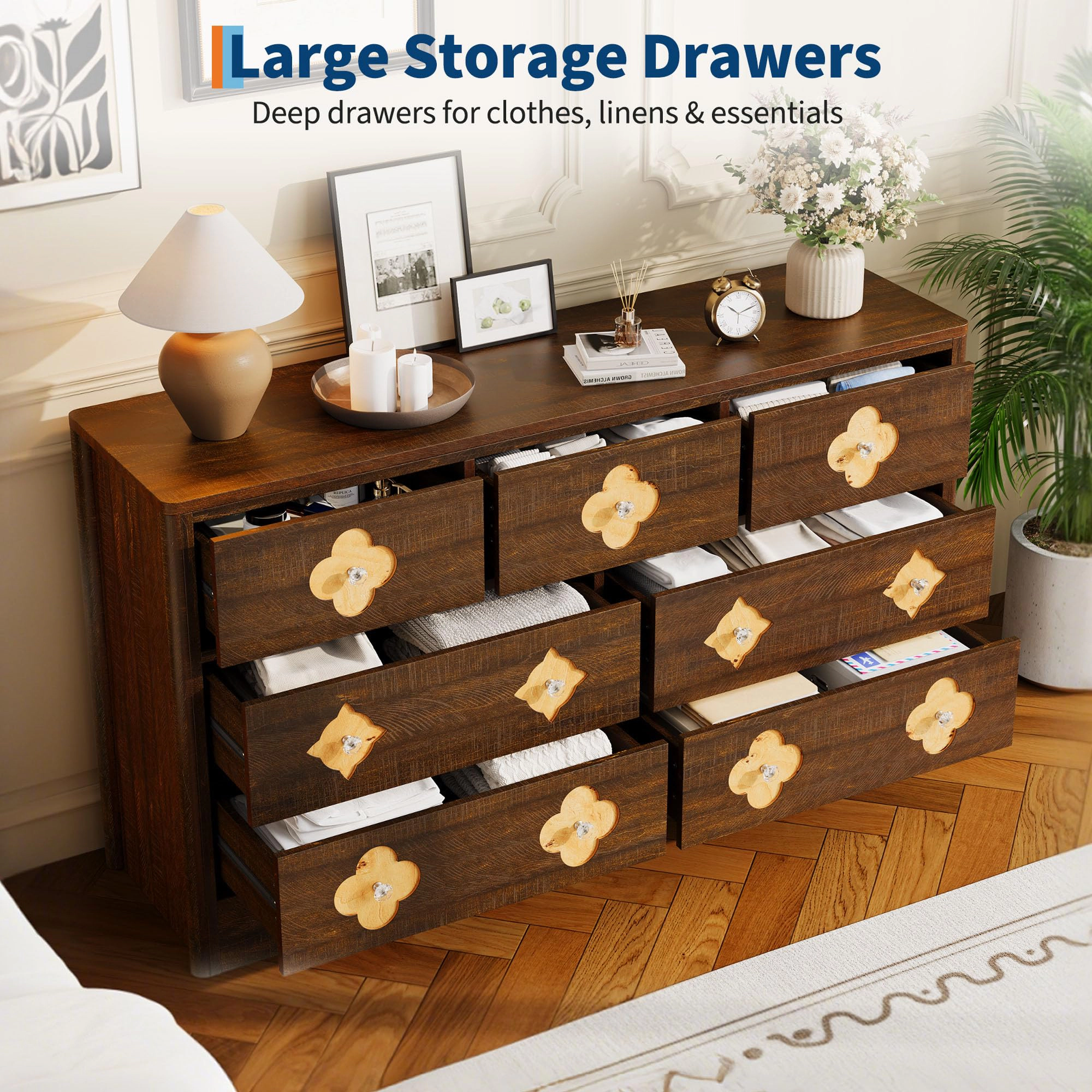 54" Wide 7 Drawer Wood Dresser with Decorative Fronts & Crystal Knobs, Storage TV Stand Organizer