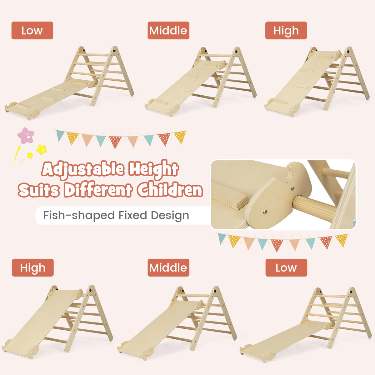 SUGIFT Foldable Adjustable 3-in-1 Kids Triangle Climbing Set 132-lb Capacity Ages 3+ Colorful/Natural Ladder Ramp Single