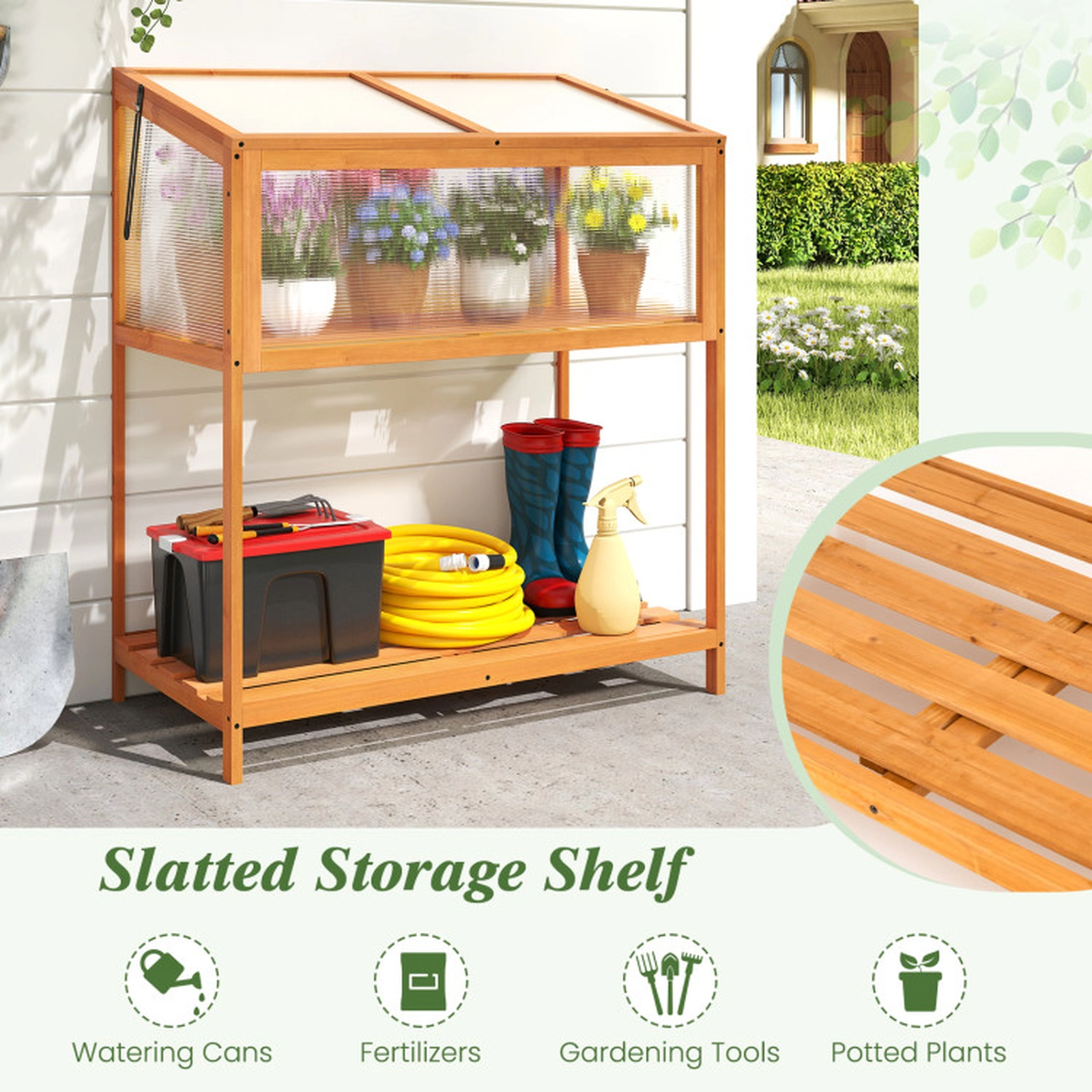 SUGIFT Orange Fir Wood Cold Frame Greenhouse with Openable Roof and Slatted Shelf 35.5-in W 20-in D 42-in H
