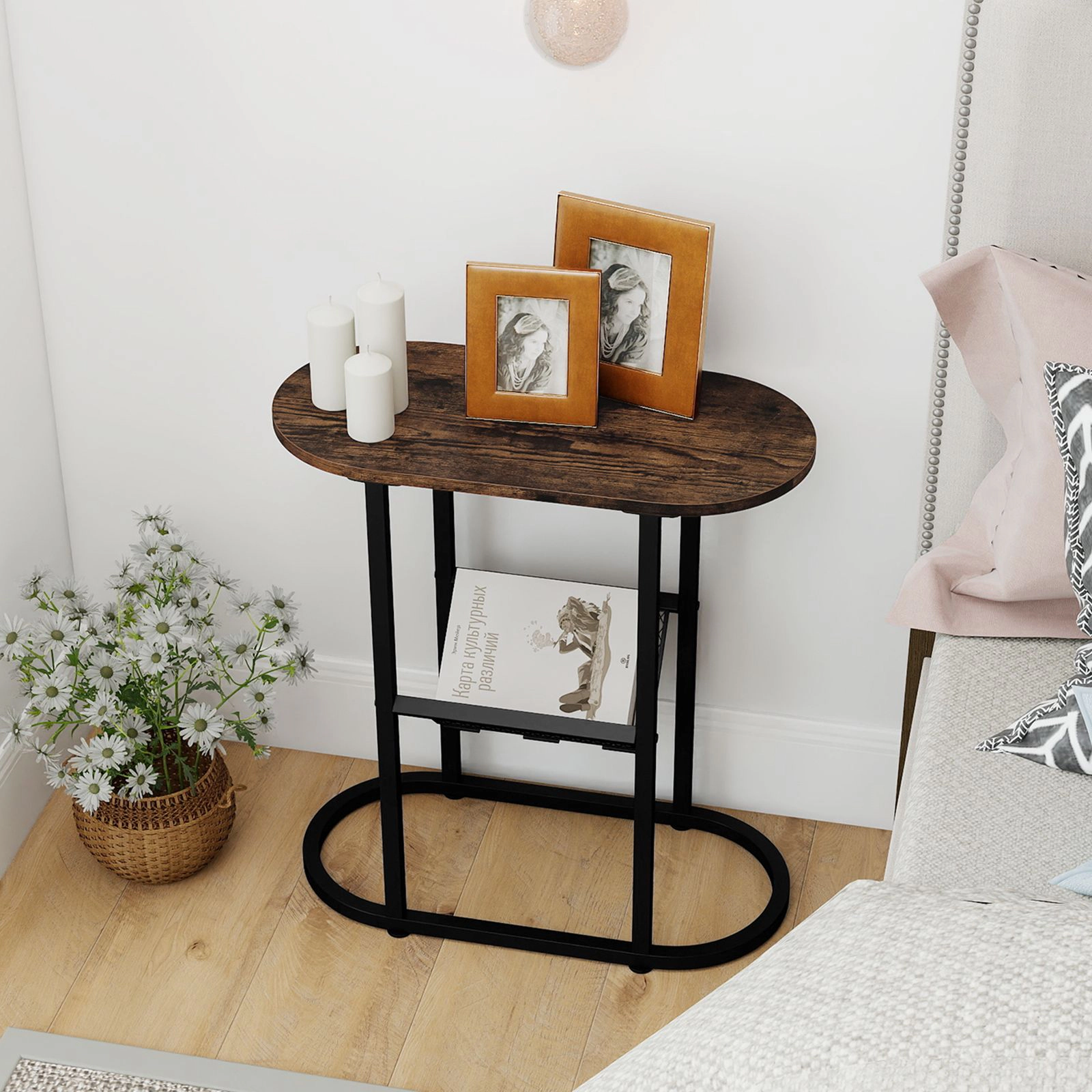 SlickBlue 2-Tier Narrow Side Table with Mesh Storage Shelf