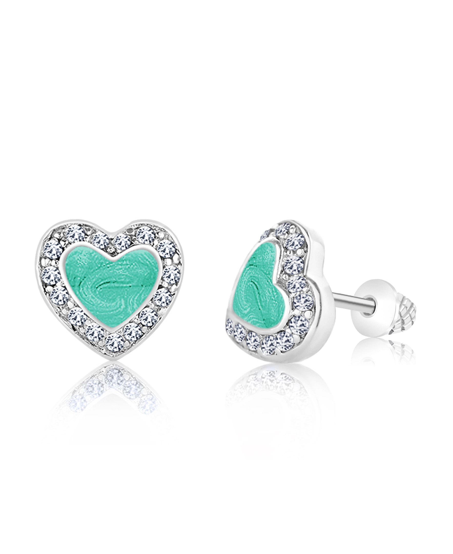 CHANTEUR Girls Heart Crystal Stud Earrings - White Gold Palladium Plating, Surgical Steel Posts, Secure Screw Backs