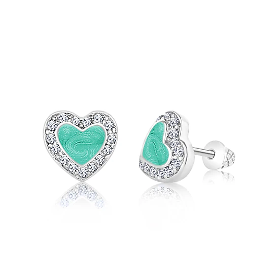 CHANTEUR Girls Heart Crystal Stud Earrings - White Gold Palladium Plating, Surgical Steel Posts, Secure Screw Backs