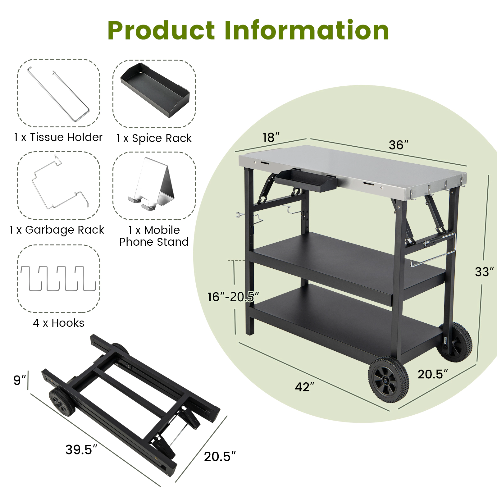 SUGIFT 110-lb Top Capacity 3-Tier Black Foldable Outdoor Cart with Adjustable Middle Shelf and 4 Hooks