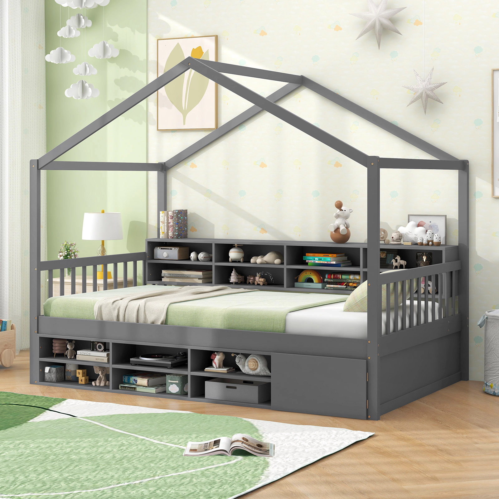 SUGIFT Twin House Bed with Roof, 14 Storage Cubes, Cabinet and Guardrails, Gray/White