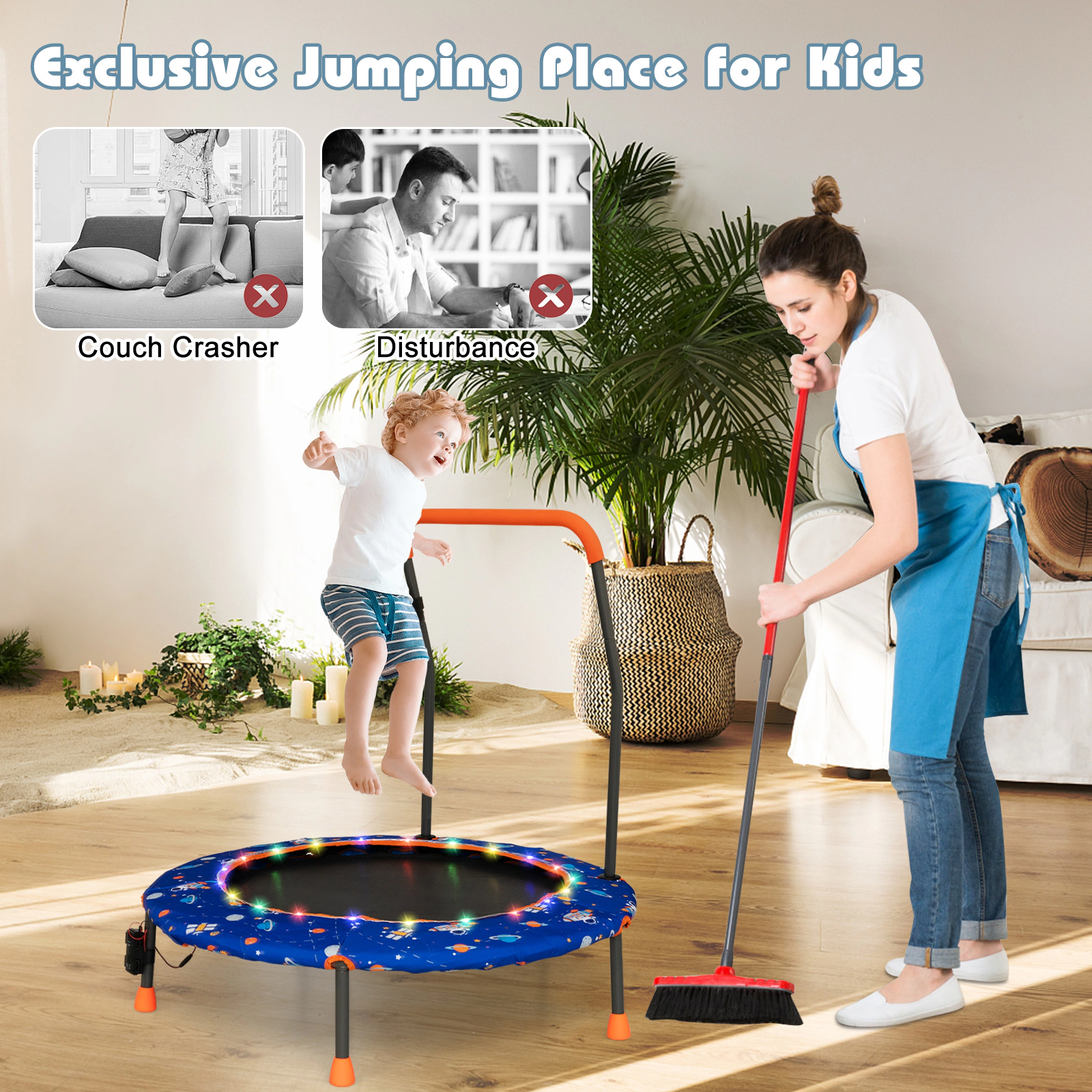 SUGIFT Blue Colorful LED Lights and Bluetooth Speaker 36 Inch Kids Mini Trampoline