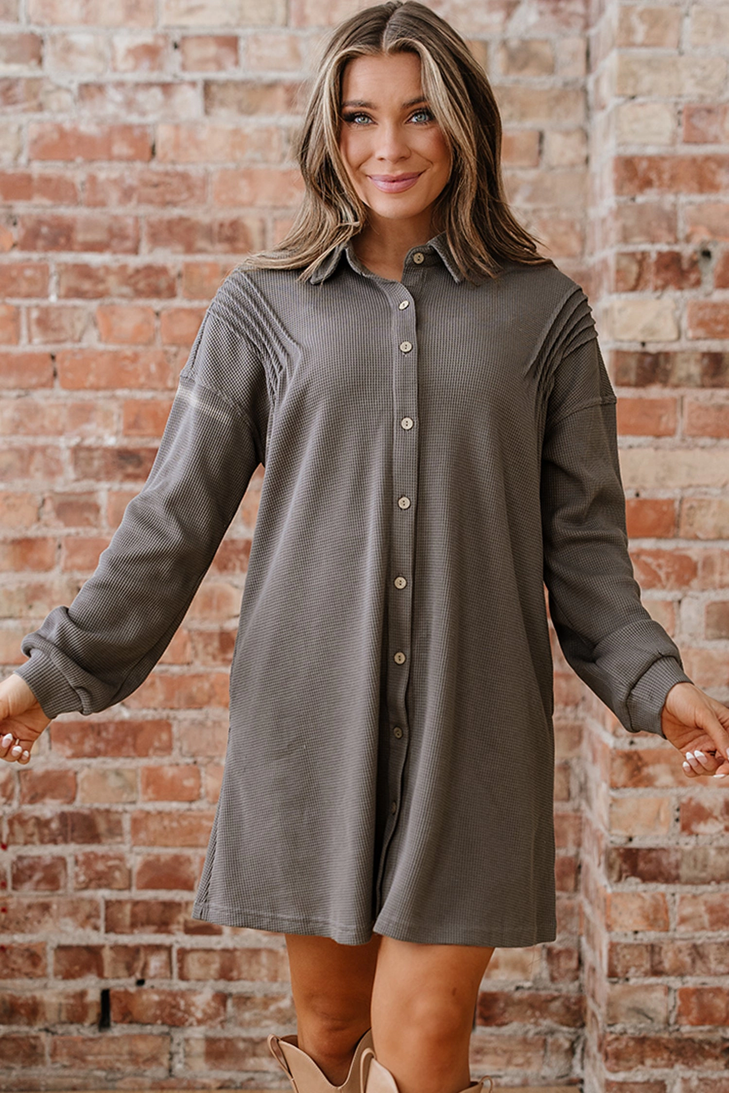 Threaded Pear Women's Viviana Taupe Waffle Knit Shirt