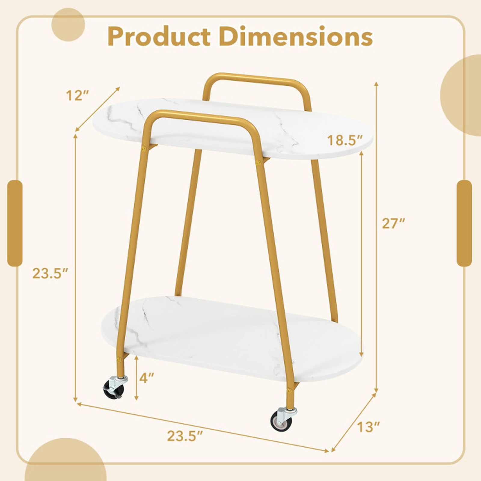 SUGIFT 27-Inch 2-Tier Faux Marble Rolling Side Table, Locking Wheels, Push Handle