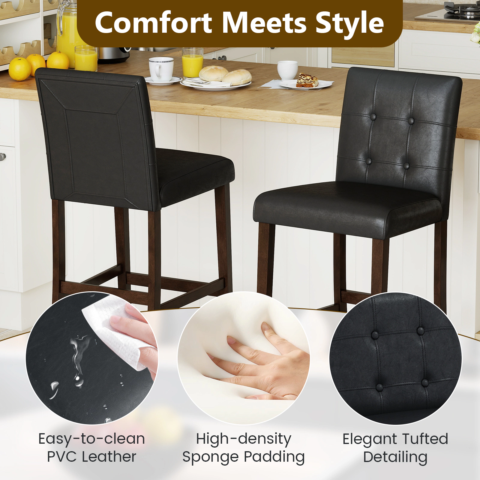 SUGIFT Set of 2 PVC Dining Leather Bar Stools Solid Wood Legs 243-lb Capacity 39-in Tall Upholstered Seat & Back Black