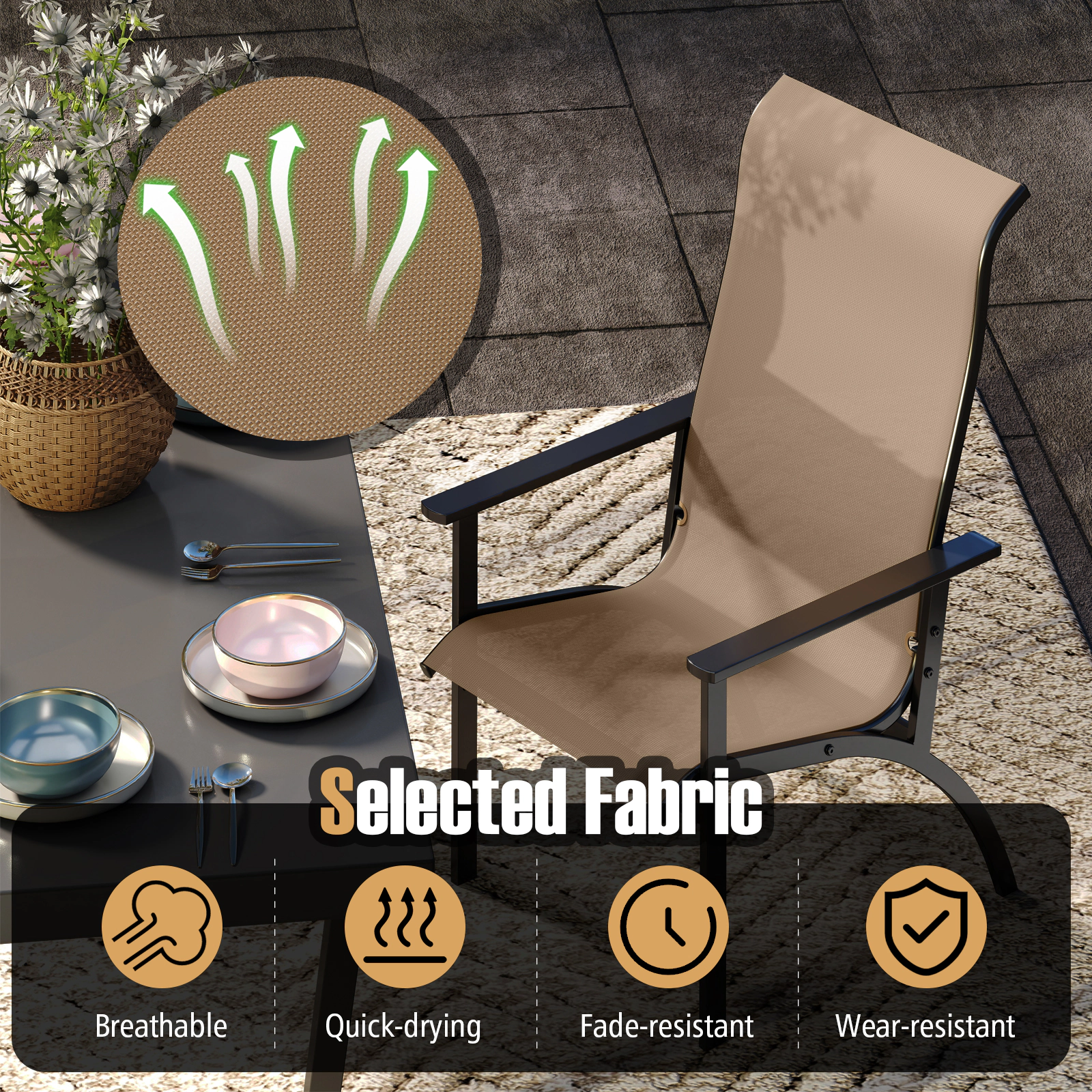 SUGIFT Breathable Fabric Outdoor Adirondack Chair with High Back and Metal Frame 400-lb Capacity Coffee