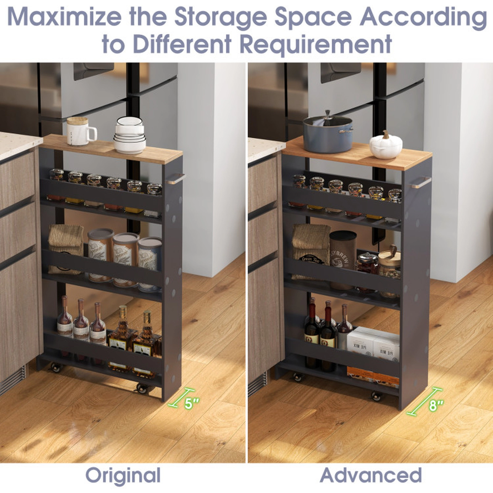SUGIFT 4-Tier Slim Rolling Kitchen Storage Cart with Open Shelves Handle and Guard Rails 15-lb Upper Shelf Capacity Gray