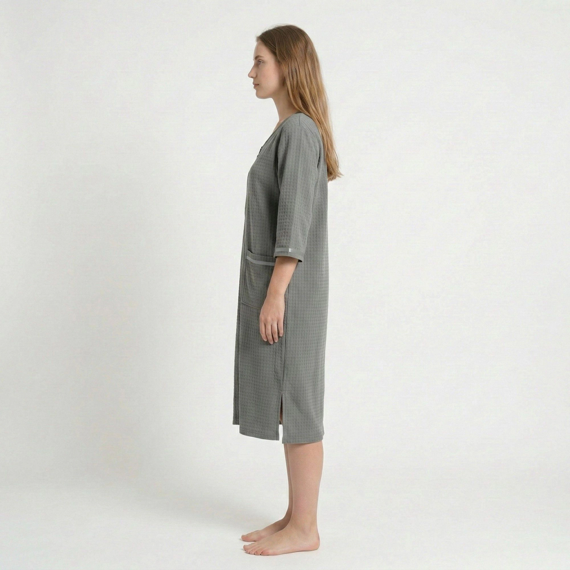 Anna-Kaci Women's Textured Knit Zip Front Nightgown V Neckline Three Quarter Sleeves Relaxed Fit Sleep Dress Pockets
