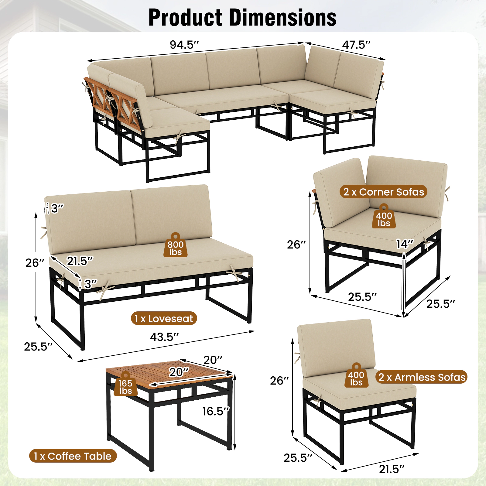 Hivvago 6 Piece Outdoor Sectional Sofa Set Metal Conversation Set with Cushions