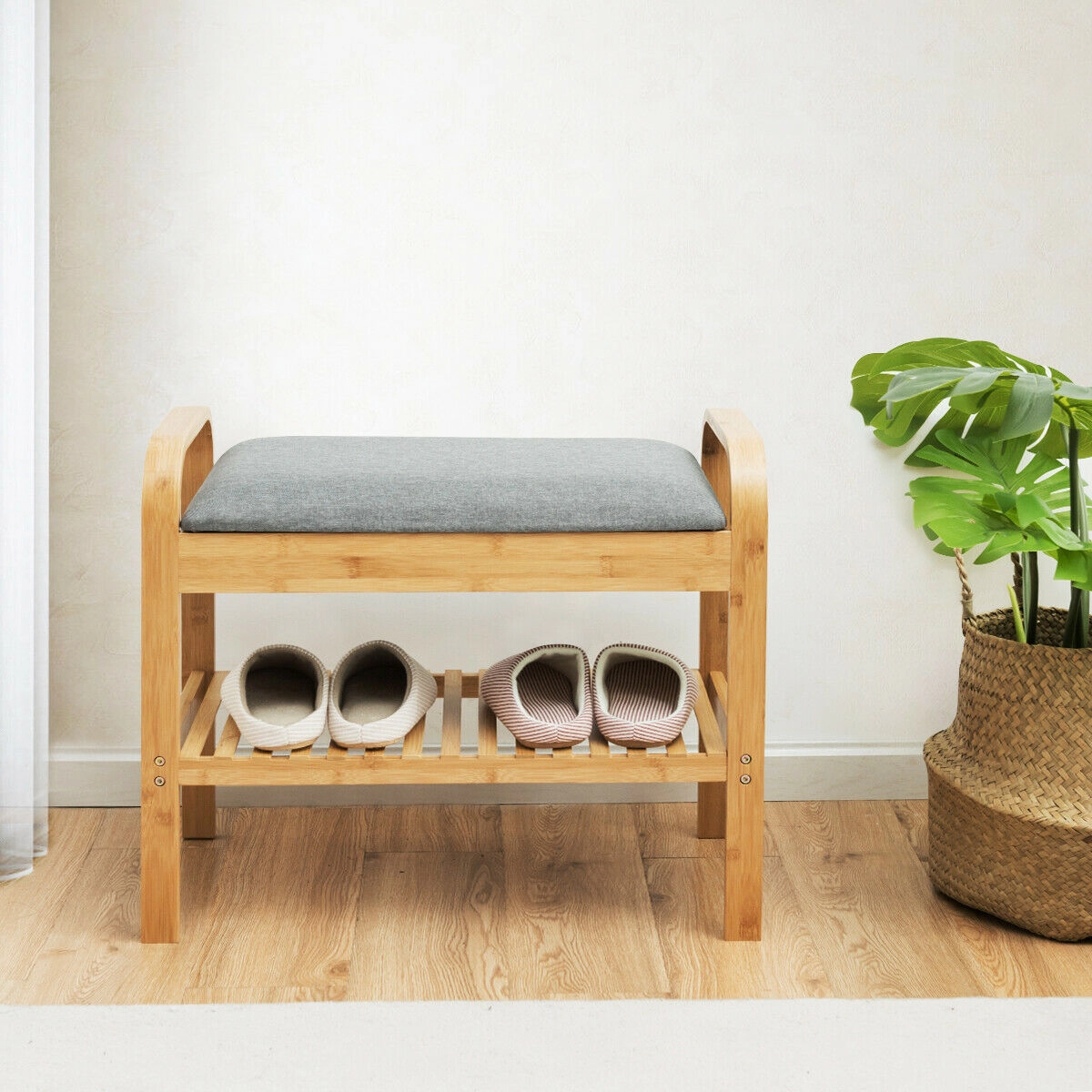 Hivvago Shoe Rack Bench Bamboo With Storage Shelf-Natural