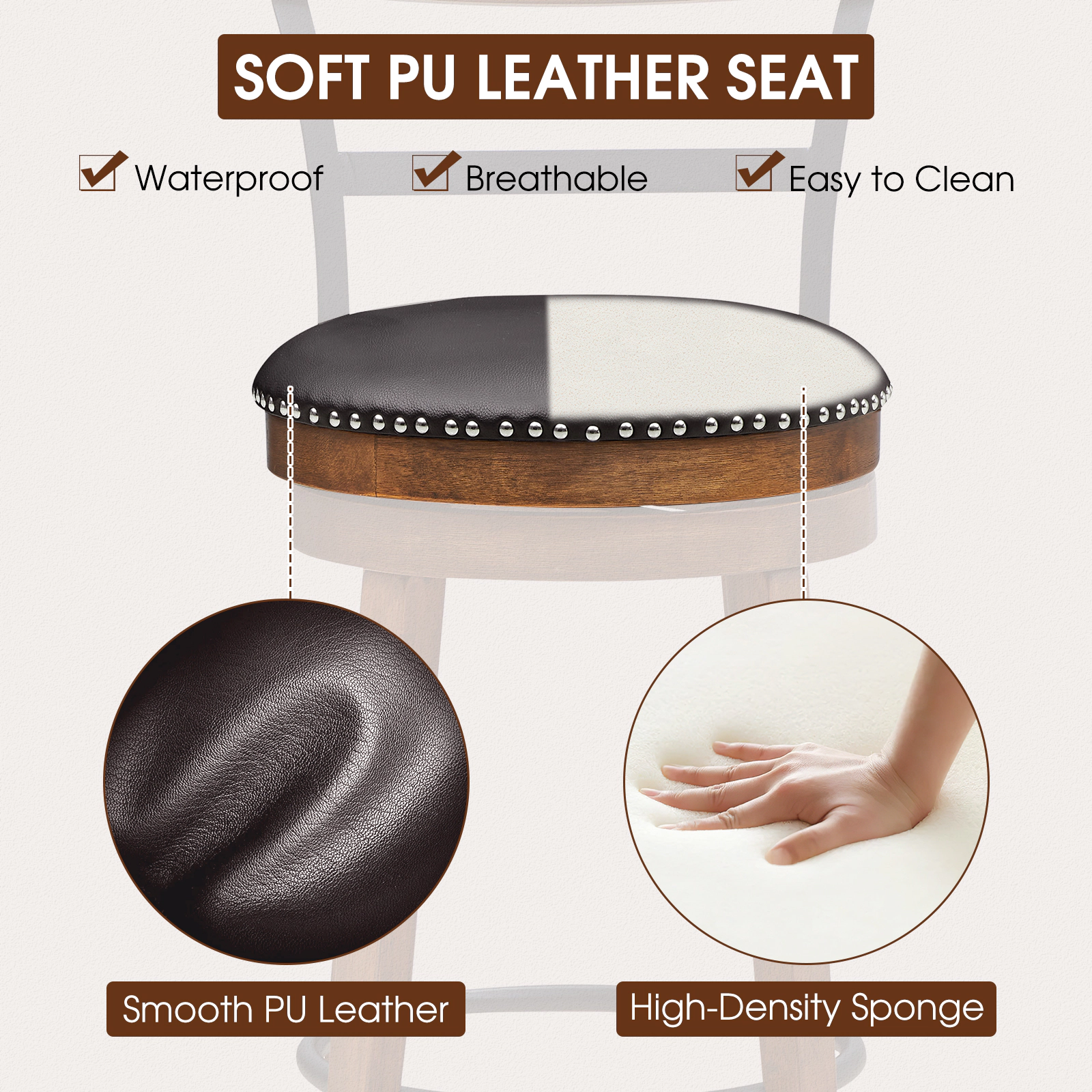 SUGIFT Set of 2 Swivel Pub Height Bar Stools 30.5-in Seat Height 250-lb Capacity Brown PVC Leather and Rubber Wood