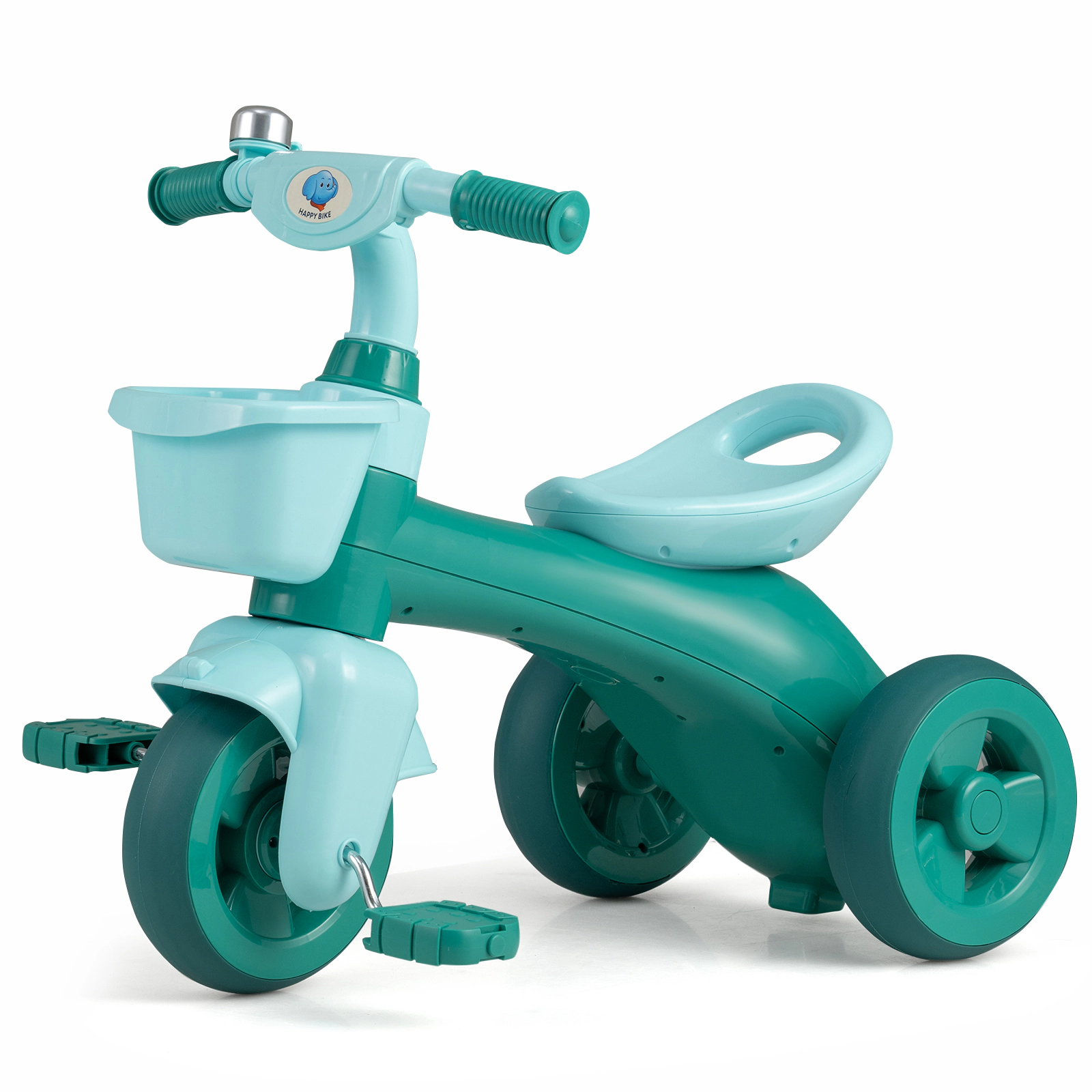 SUGIFT Toddler Tricycle Green with Limited Steering Front and Rear Baskets and Bell