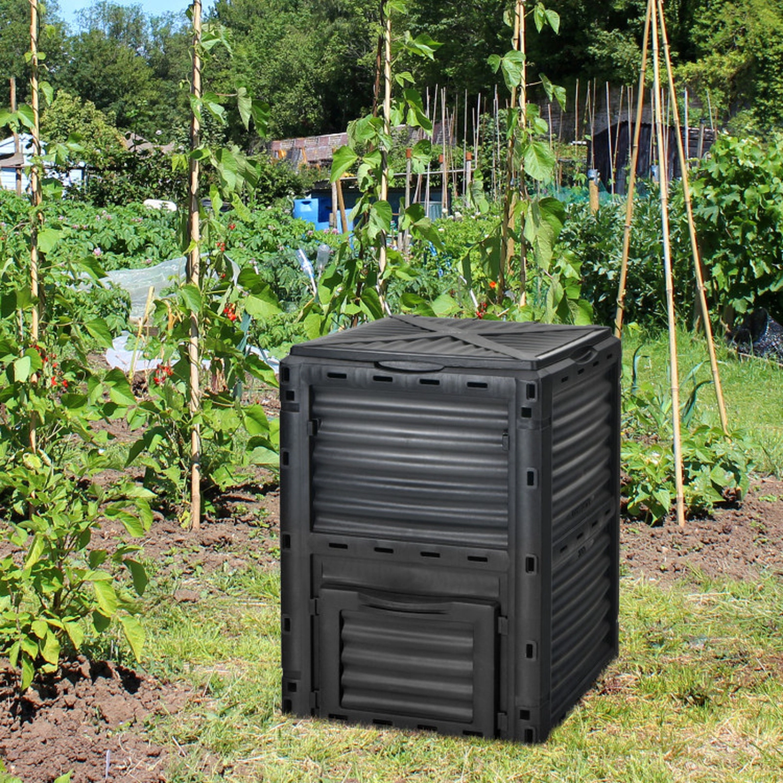 SUGIFT 80-Gal Heat-Retaining PP Openable Lid Bottom Exit Door Outdoor Composter Bin 23.5-in x 23-in x 32-in Black