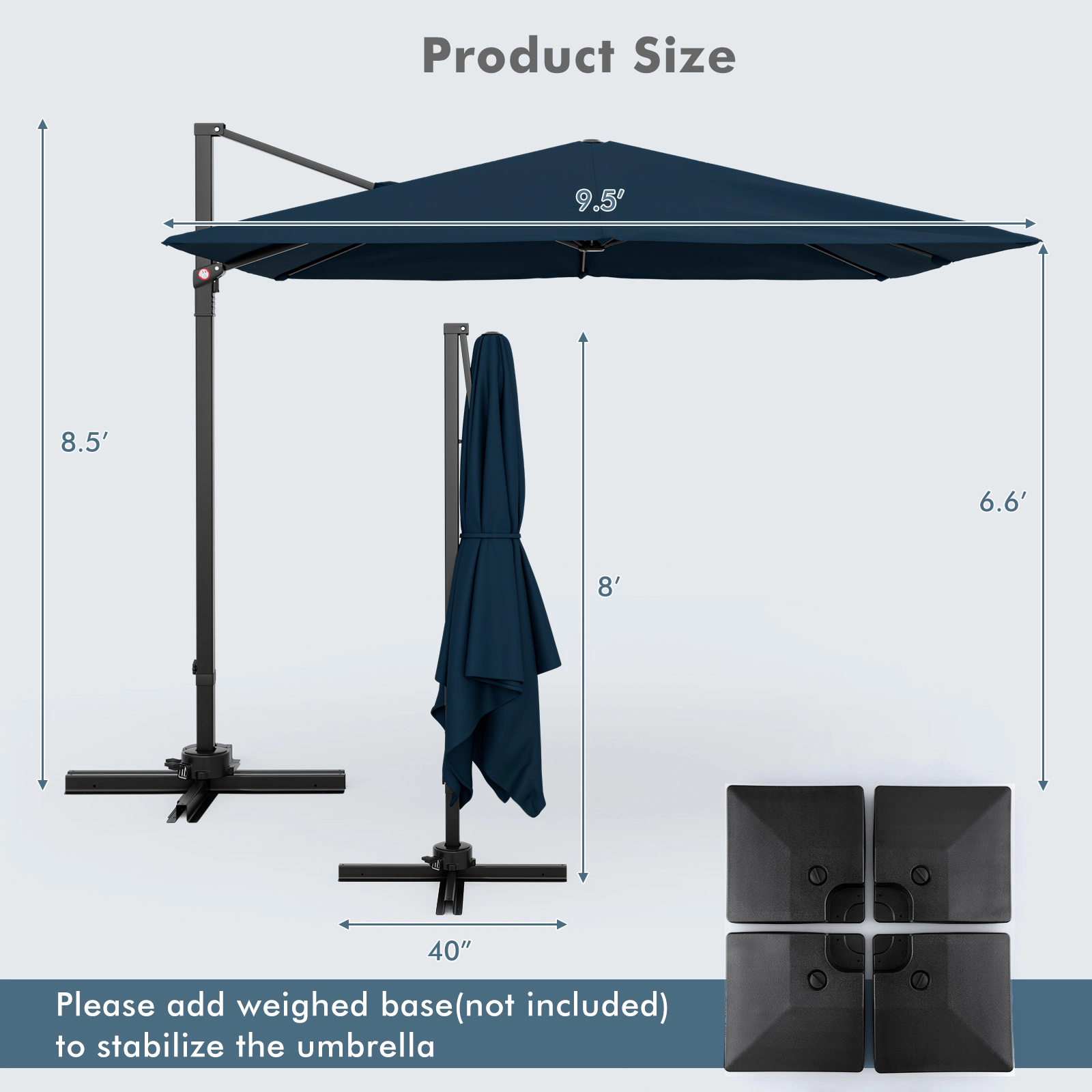 SUGIFT Navy 360-Degree Rotation and Cross Base 9.5 FT Square Cantilever Patio Umbrella