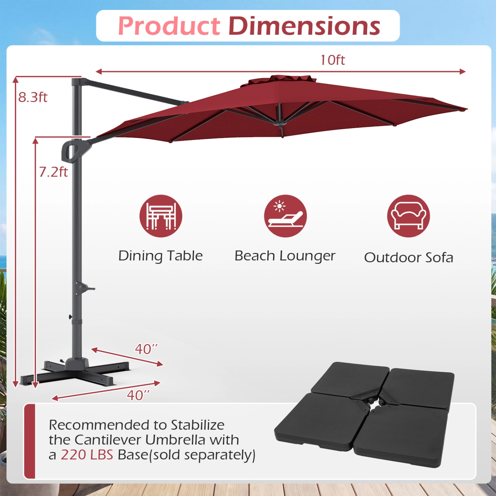 SUGIFT 10 ft Wine Cantilever Patio Umbrella, 360° Rotation, Push-Button Tilt, Crank Lift