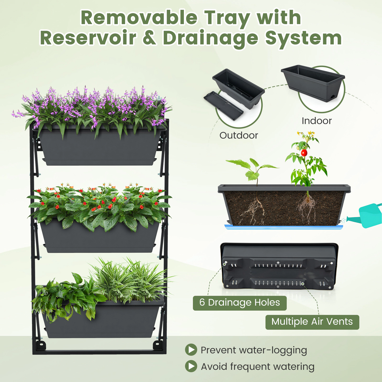 SUGIFT 3-Tier 22-lb Per-Box Hanging Vertical Planter with Detachable Boxes and Height Adjustable Hanger