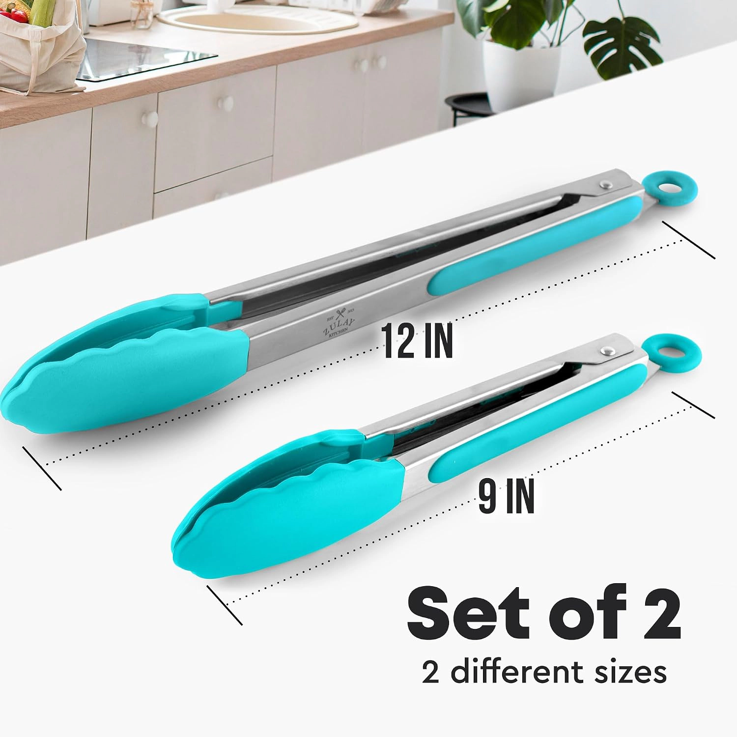 Zulay Kitchen Stainless Steel Locking Cooking Tongs with Silicone Tips - Set of 2 (9” & 12”)